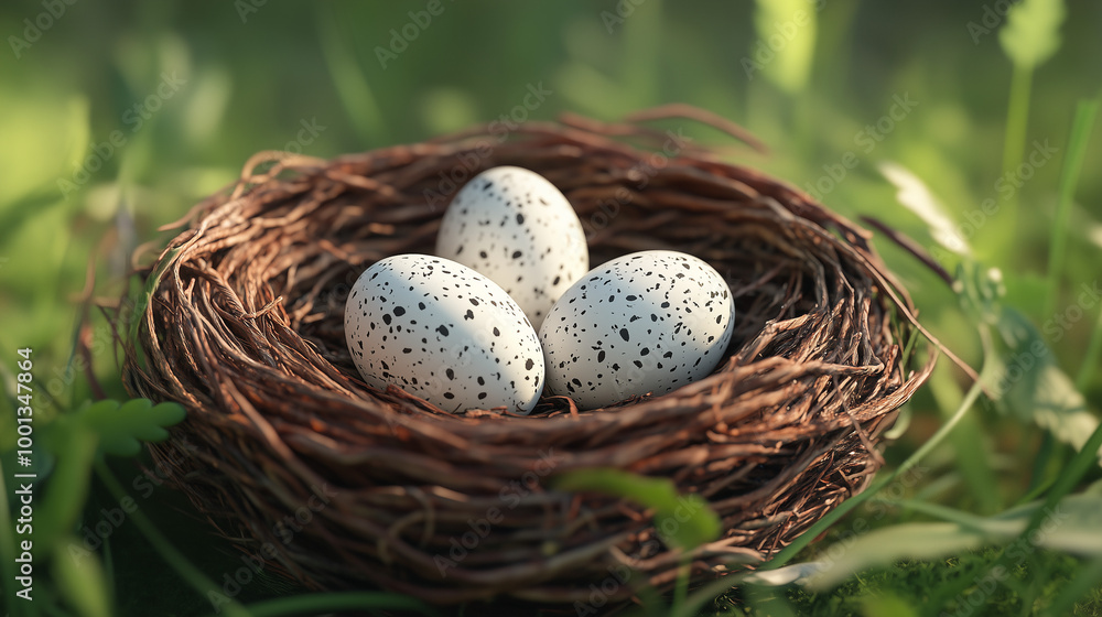 Obraz premium Three white speckled eggs lie in a nest made of dry twigs, surrounded by green grass and plants, evoking a sense of natural harmony and tranquility