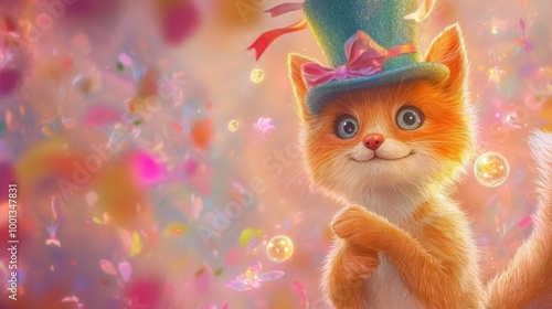 A cheerful fox with a colorful hat celebrates in a joyful, whimsical setting full of confetti