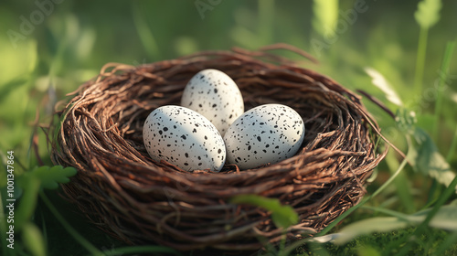 Three white speckled eggs lie in a nest made of dry twigs, surrounded by green grass and plants, evoking a sense of natural harmony and tranquility