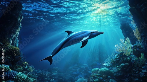 Majestic dolphin gliding gracefully through vibrant coral reefs under sunlit water