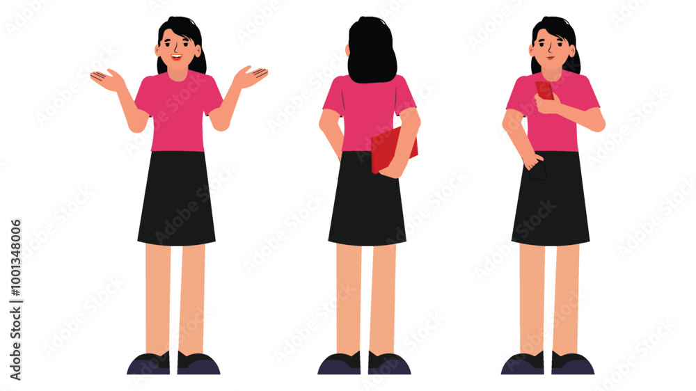 a person in casual clothing, showcasing different poses. The character holds a phone, stands with a folder, and gestures while engaging in conversation. a person in casual clothing, showcasing different poses. The character holds a phone, stands with a folder, and gestures while engaging in conversation.