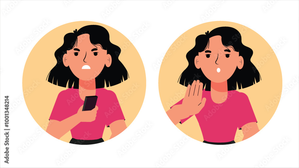 a cartoon woman with short black hair holding a phone, expressing emotions of surprise and disagreement, with a hand gesture indicating refusal. a cartoon woman with short black hair holding a phone, expressing emotions of surprise and disagreement, with a hand gesture indicating refusal.