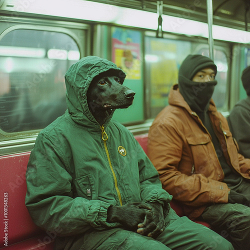 Anthropomorphic dog travels by subway, music album cover art, Generative AI