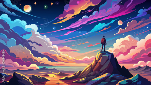 A lone person standing on a rocky peak above the clouds, with a dramatic sky filled with stars and colorful clouds in the background