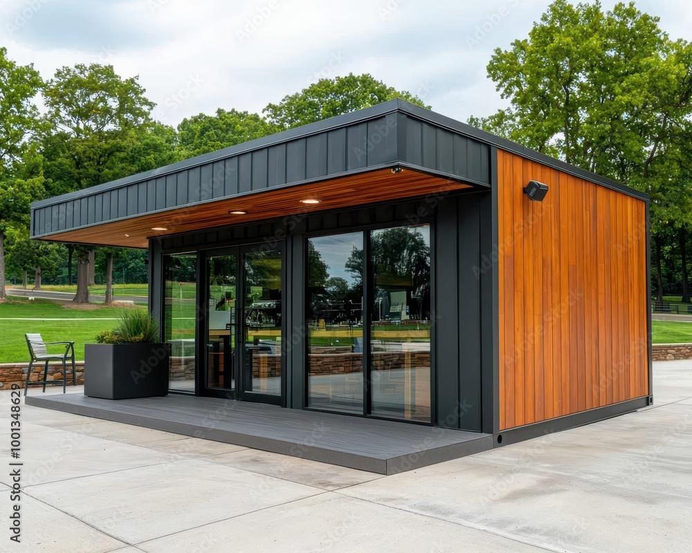 Elegant container coffee shop exterior with dark wood siding, large windows, and surrounded by a tranquil park