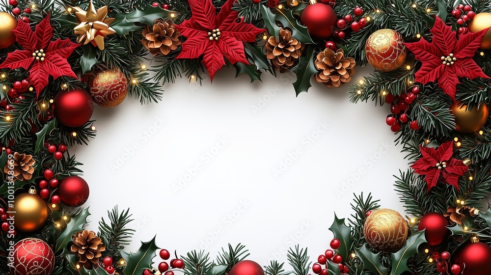 Christmas Garland Frame with Red and Yellow Baubles, Holly Leaves, and Lights on a White Background. Christmas Garland Frame with Red and Yellow Baubles, Holly Leaves, and Lights on a White Background.