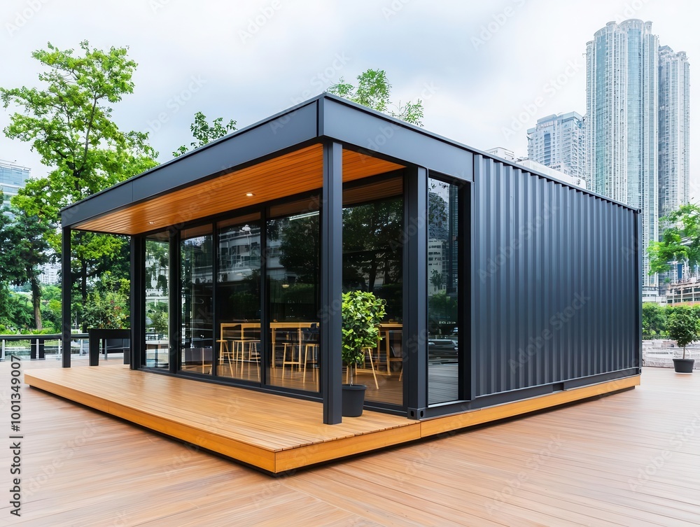 Stylish container coffee shop exterior with glass facade, wooden deck, and view of a city park Stylish container coffee shop exterior with glass facade, wooden deck, and view of a city park