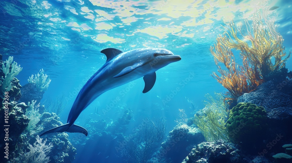 Fototapeta premium Dolphin gracefully gliding through vibrant coral reef under shimmering blue waters