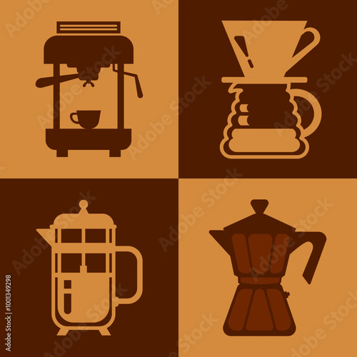 Four ways to brew your perfect coffee cup of espresso machine, Filter drip coffee, French press pot, and Moka Pot, vector