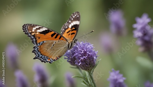 A vibrant butterfly resting on lavender flowers during a sunlit afternoon in a tranquil garden setting