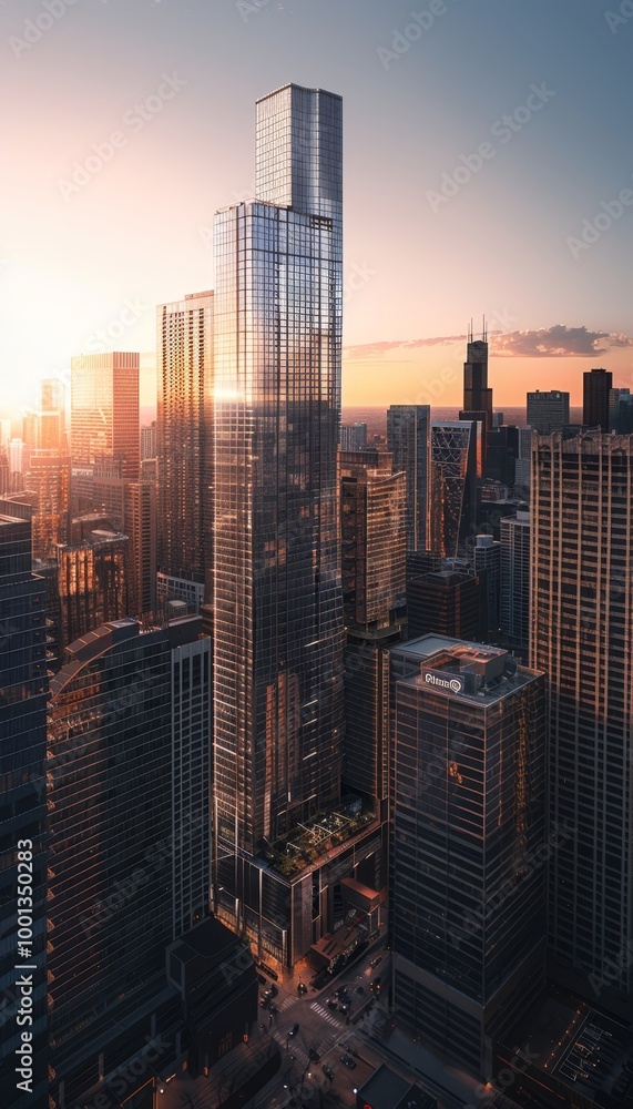 Fototapeta premium Stunning high angle view of downtown skyscrapers at sunset with glimmering glass facades