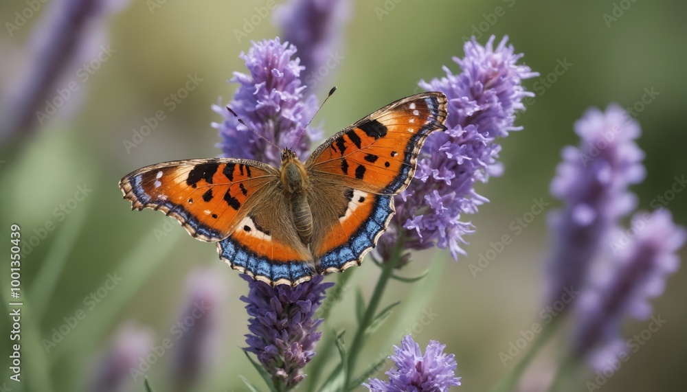 A vibrant butterfly delicately lands on blooming lavender flowers in a sunlit garden showcasing nature's beauty during springtime