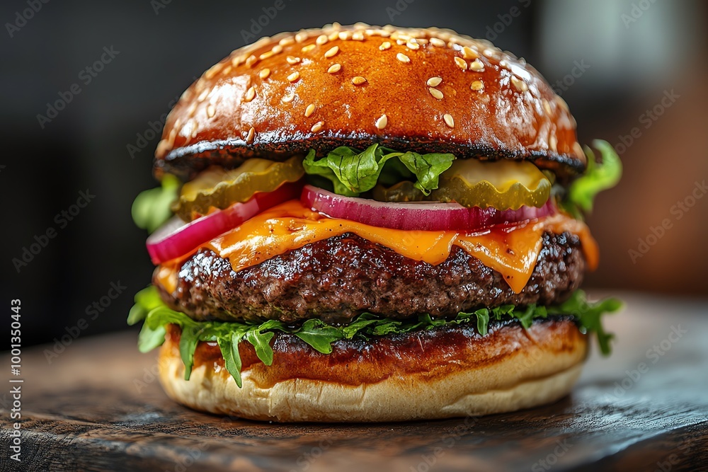Close-up of a juicy burger with melted cheese, pickles, onions, and lettuce on a wooden board. Close-up of a juicy burger with melted cheese, pickles, onions, and lettuce on a wooden board.