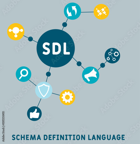sdl - schema definition language acronym. business concept background. vector illustration concept with keywords and icons. lettering illustration with icons for web banner, flyer, landing