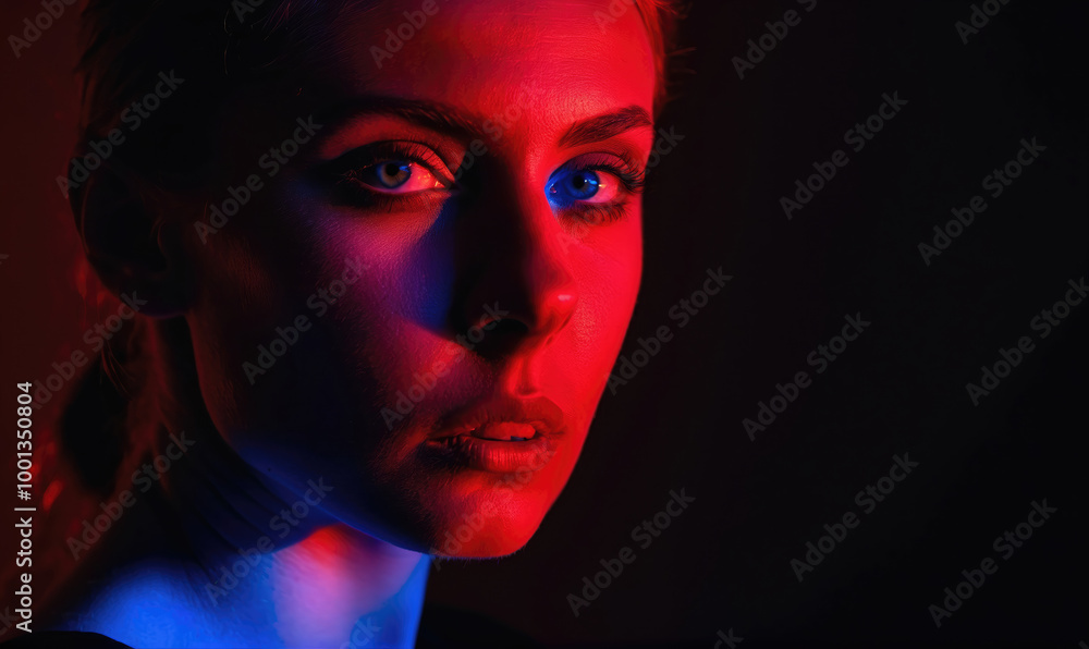 A woman's face is illuminated by red and blue light, creating a dramatic contrast A woman's face is illuminated by red and blue light, creating a dramatic contrast