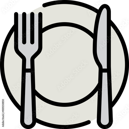meal consisting of a plate knife and fork for dinner in the dining room filled outline icon