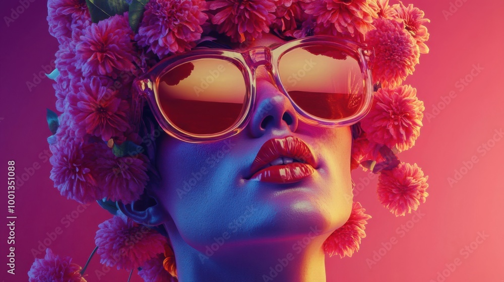 Vibrant and Artistic Portrait Showcasing Floral Fashion and Bold Colors Vibrant and Artistic Portrait Showcasing Floral Fashion and Bold Colors