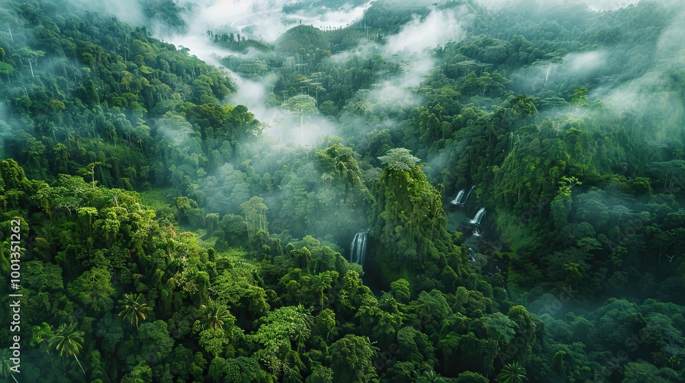 Obraz premium Dense rainforest with mist rivers waterfalls and lush green canopies