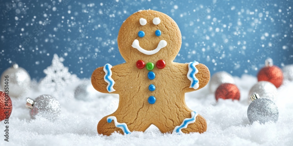 A cute gingerbread man cookie with colorful icing, set against a snowy background with holiday decorations A cute gingerbread man cookie with colorful icing, set against a snowy background with holiday decorations