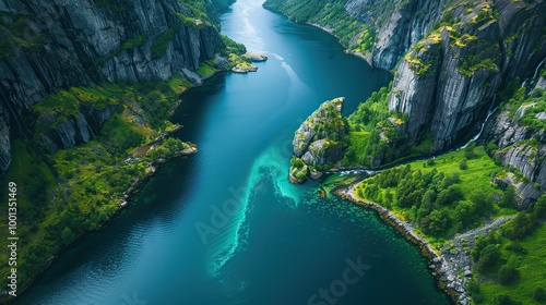 Deep blue fjord surrounded by steep cliffs and lush green vegetation