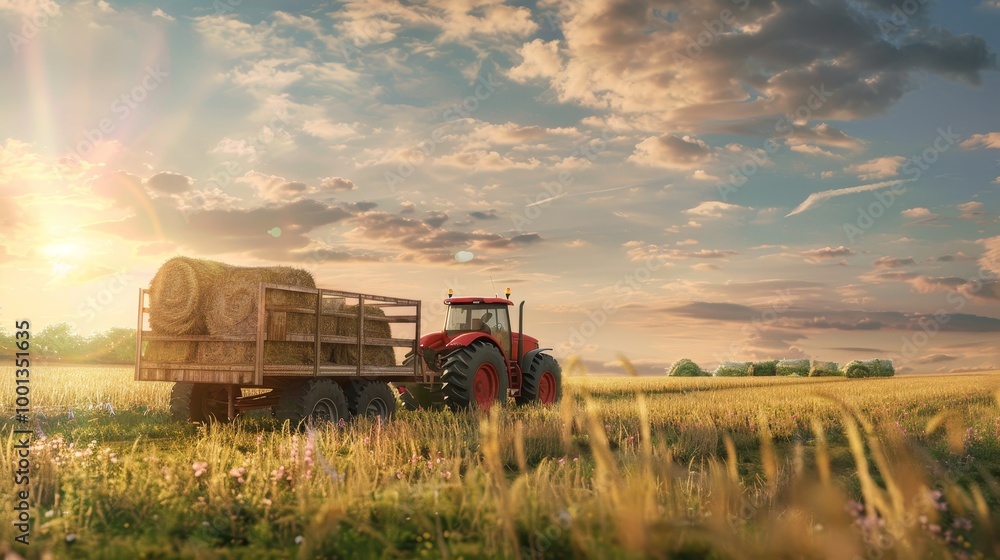 Fototapeta premium Tractor pulling hay bales in scenic countryside field showcasing rural agricultural beauty