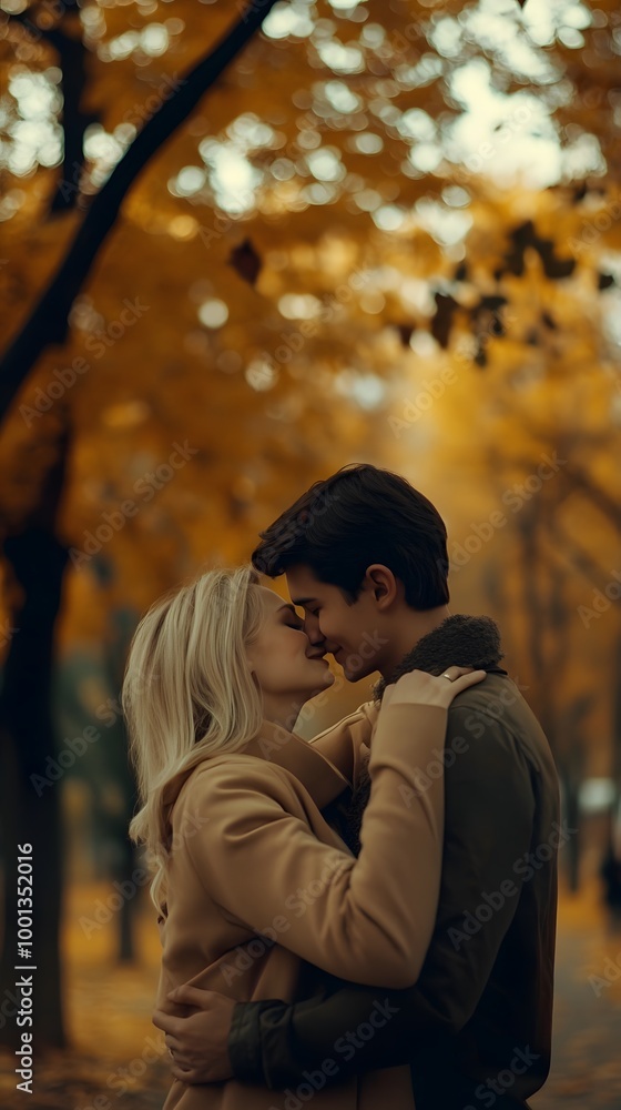 Cinematic scene of a couple in love, hugging and kissing against the backdrop of an autumn park Cinematic scene of a couple in love, hugging and kissing against the backdrop of an autumn park