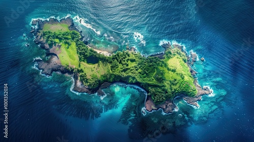 Island with rocky cliffs and forested areas surrounded by deep blue ocean waters