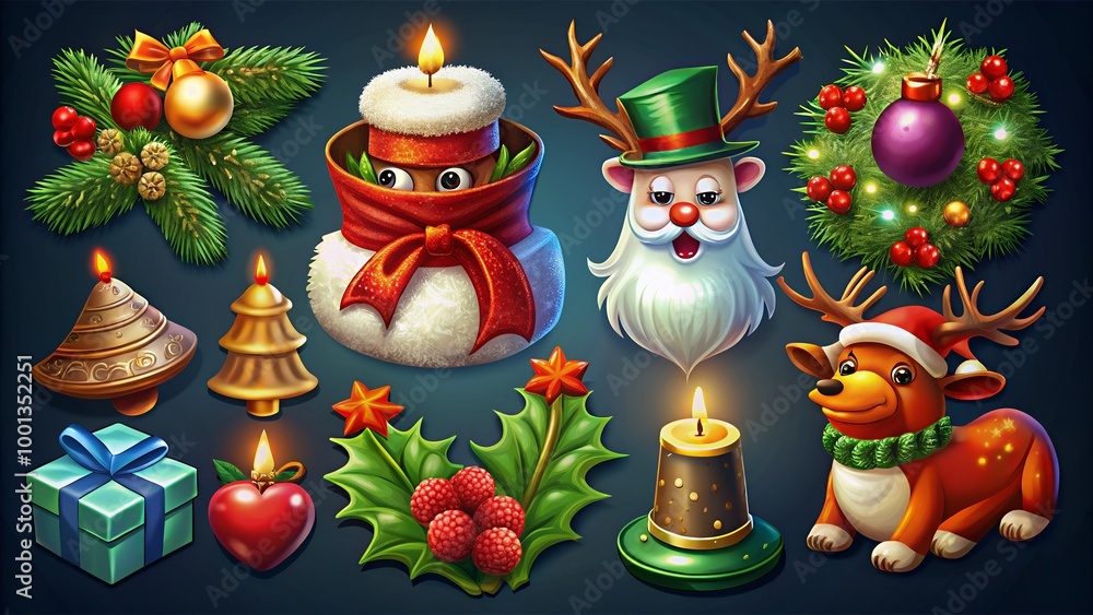 Christmas holiday icons, characters. Vector isolated cartoon pine tree, deer and holly berry, candle and bell, hat and poinsettia, Santa and snowman with gifts, stocking sock and wreath Christmas holiday icons, characters. Vector isolated cartoon pine tree, deer and holly berry, candle and bell, hat and poinsettia, Santa and snowman with gifts, stocking sock and wreath