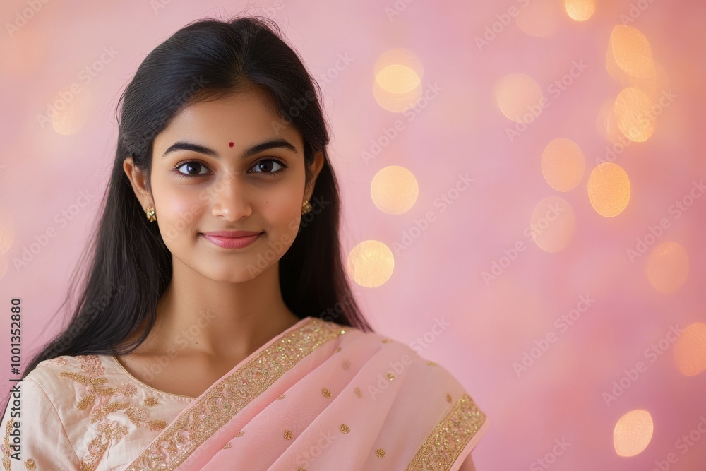 Portrait of Indian young woman in soft pink saree with gold embroidery, looking directly at the camera with a warm, welcoming smile, with a pink to peach bokeh gradient glowing backdrop, Indian Portrait of Indian young woman in soft pink saree with gold embroidery, looking directly at the camera with a warm, welcoming smile, with a pink to peach bokeh gradient glowing backdrop, Indian