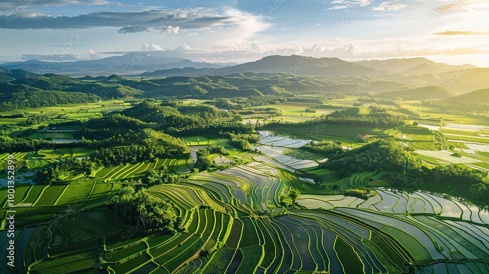 Fototapeta premium Flat rice paddies with overlapping water patterns and green terraced fields
