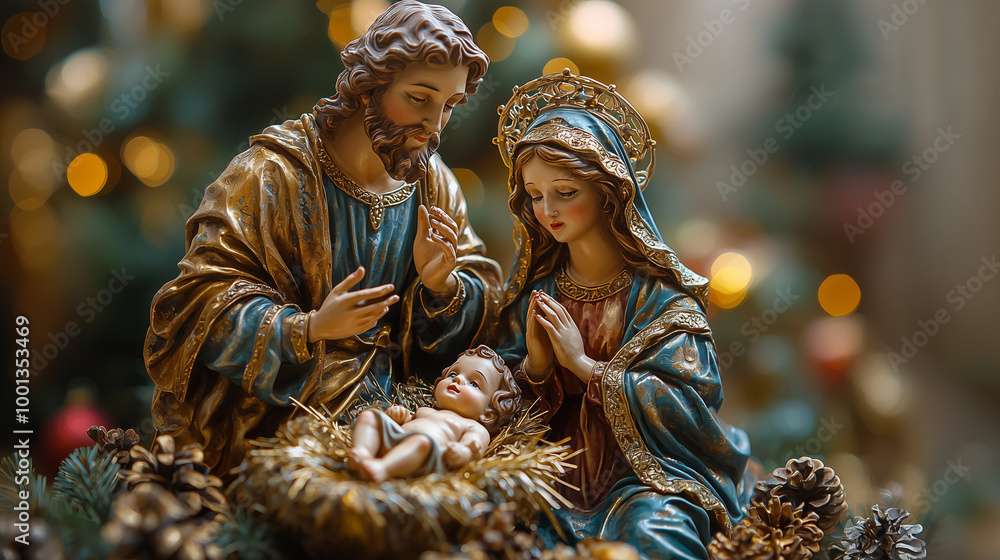 Christmas Nativity Scene Figures of Baby Jesus in the manger with Joseph and Mary. Illustration Christmas Nativity Scene Banner Background Christmas Nativity Scene Figures of Baby Jesus in the manger with Joseph and Mary. Illustration Christmas Nativity Scene Banner Background