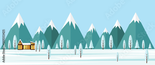 Winter Landscape with Snow Covered Cabin. Nature and rural living during cold season vector
