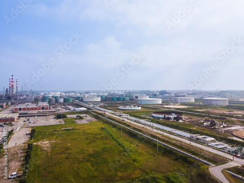 Aerial drone view of the decommissioned Matosinhos refinery in Leça da Palmeira, Porto, Portugal