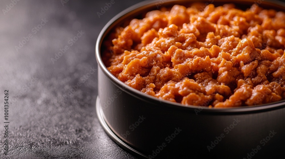 Close-up of minced meat cat food in a can with a dark grey blurred background. Close-up of minced meat cat food in a can with a dark grey blurred background.