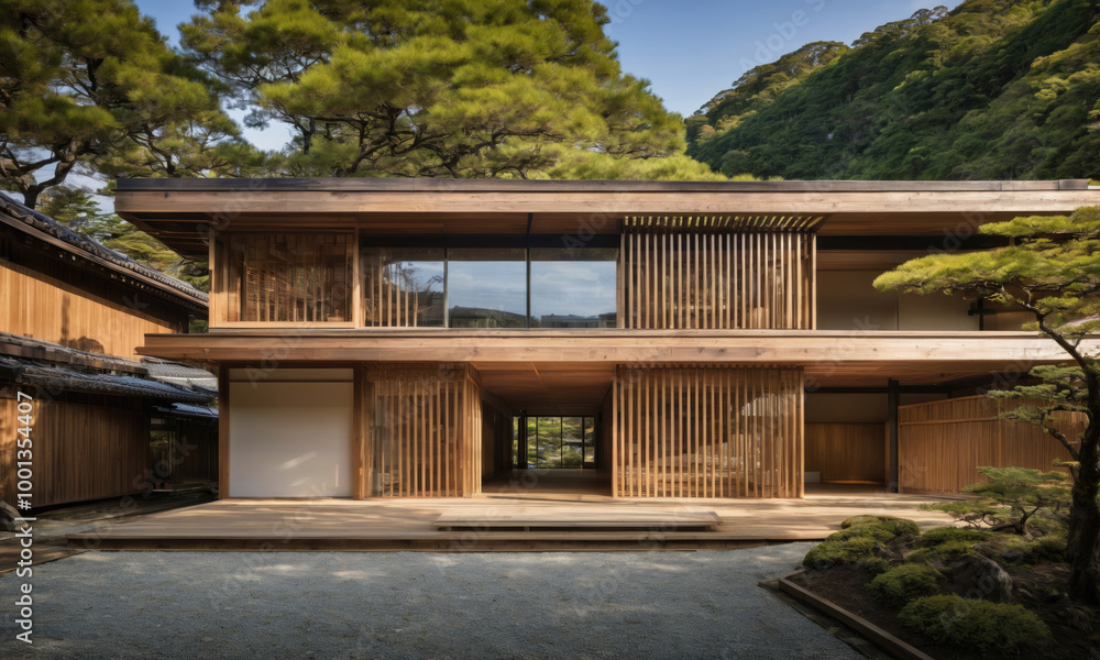 A traditional Japanese home with wooden walls and a large, open doorway sits nestled within lush greenery on a sunny day