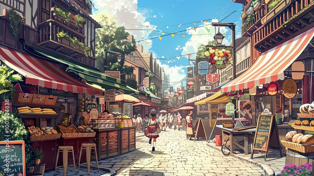 Fototapeta premium Charming market scene with playful vendors and bright food stalls perfect for text