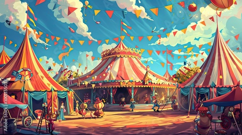 Bright circus scene with playful performers and colorful tents ideal for text