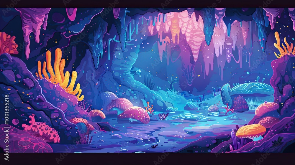 Fototapeta premium Exaggerated underwater cave with colorful stalactites and playful sea creatures