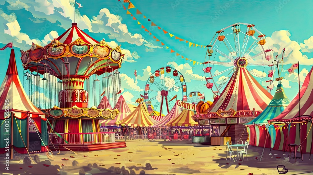 Fototapeta premium Cheerful carnival with exaggerated rides and colorful tents in a vibrant dynamic setting