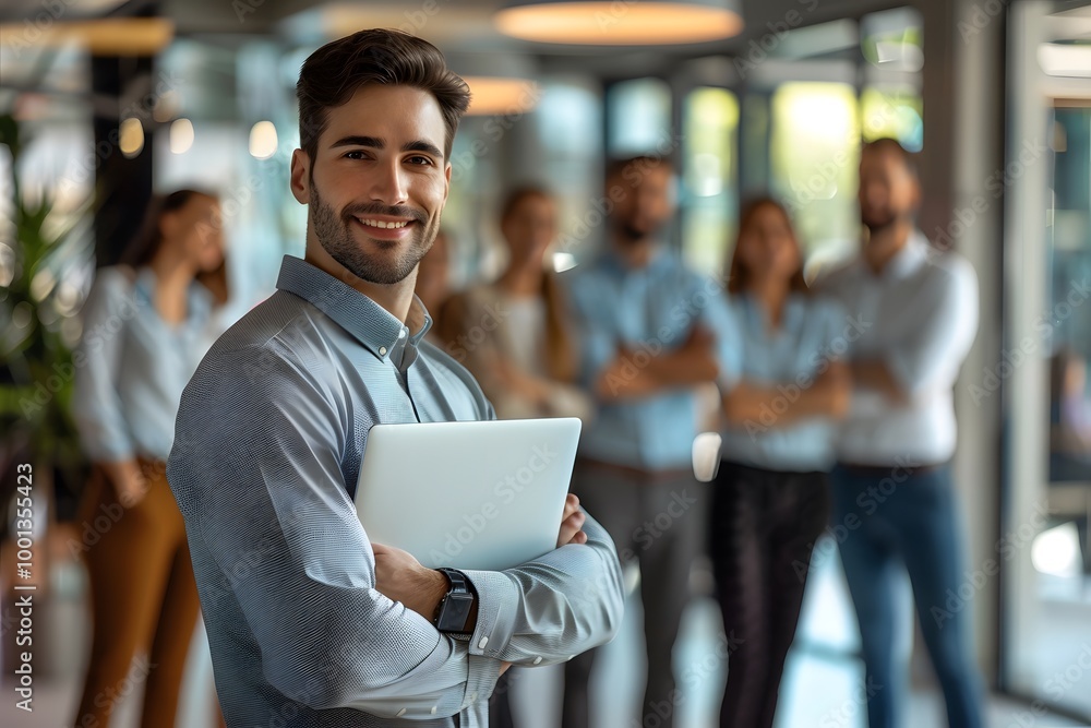 Confident Businessman Standing with Laptop and Team in Background Confident Businessman Standing with Laptop and Team in Background