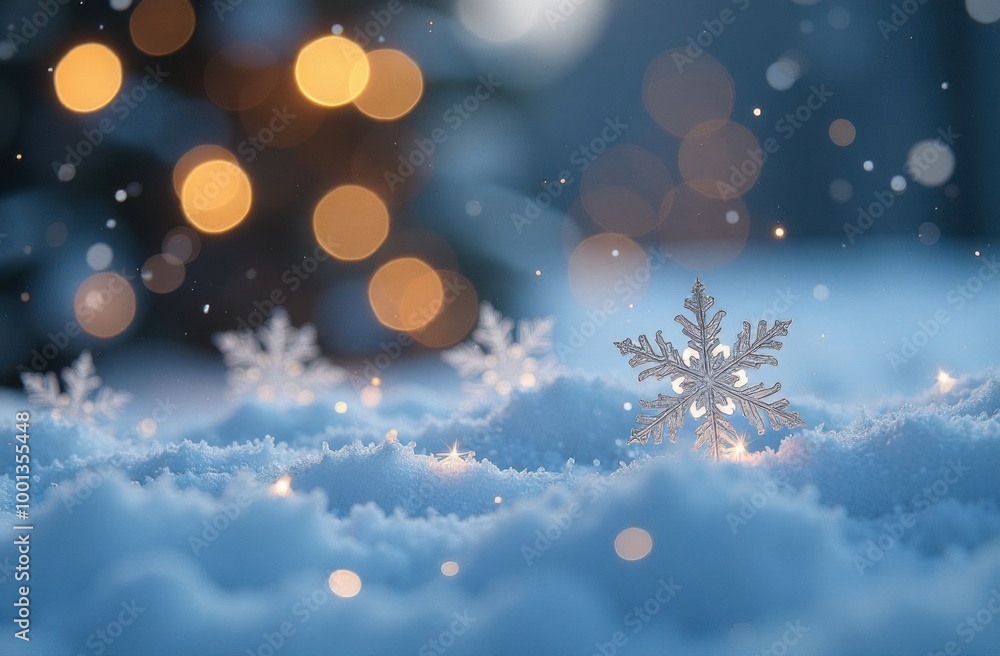 Snowflakes On Snow With Bokeh Of Christmas Lights - Real Snowdrift And Acrylic Crystals Snowflakes On Snow With Bokeh Of Christmas Lights - Real Snowdrift And Acrylic Crystals