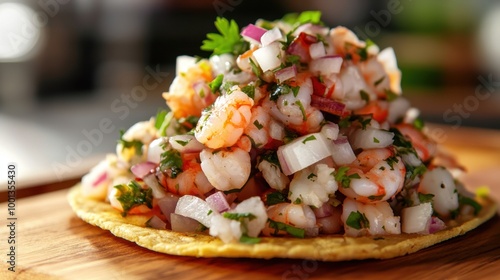 A pile of ceviche tostadas topped with fresh seafood, cilantro, and onions sits on a wooden cutting board, ready to serve.