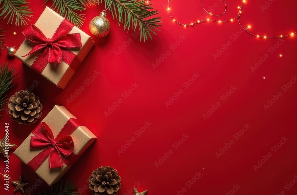 Let the gift-hunting commence: make holiday memories today. Top view shot of elegant gift boxes, holiday decor, cones, sparkles on red background with marketing space Let the gift-hunting commence: make holiday memories today. Top view shot of elegant gift boxes, holiday decor, cones, sparkles on red background with marketing space
