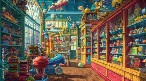 Wallpaper Mural Vibrant toy store scene with oversized toys and colorful shelves providing space for text Torontodigital.ca