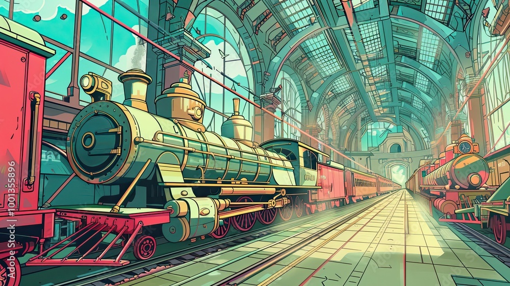 Obraz premium Bustling fantasy station with exaggerated trains and whimsical details perfect for text