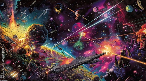 Fototapeta Naklejka Na Ścianę i Meble -  Whimsical space battle scene with vibrant spacecraft and dynamic cosmic elements for text