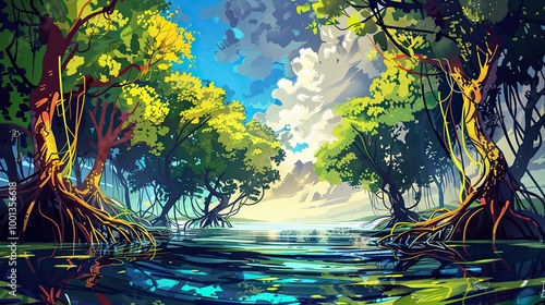 Whimsical mangrove forest with bold roots and vibrant water details under clear skies perfect for text