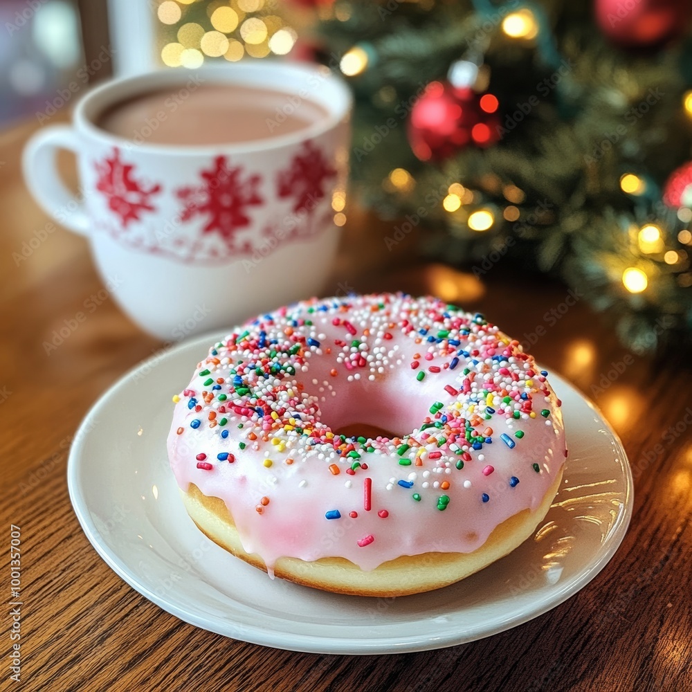 A pastel pink donut with white icing and colorful sprinkles, placed on a table with festive holiday decorations and a cup of hot cocoa A pastel pink donut with white icing and colorful sprinkles, placed on a table with festive holiday decorations and a cup of hot cocoa