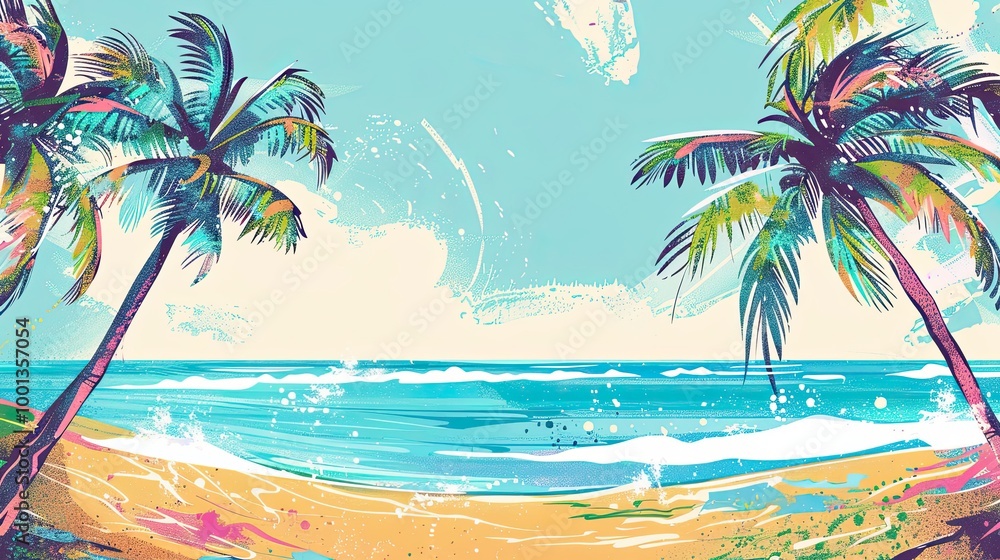 Naklejka premium Cartoonish tropical beach scene with oversized palms and vibrant sand under a bright sky perfect for text