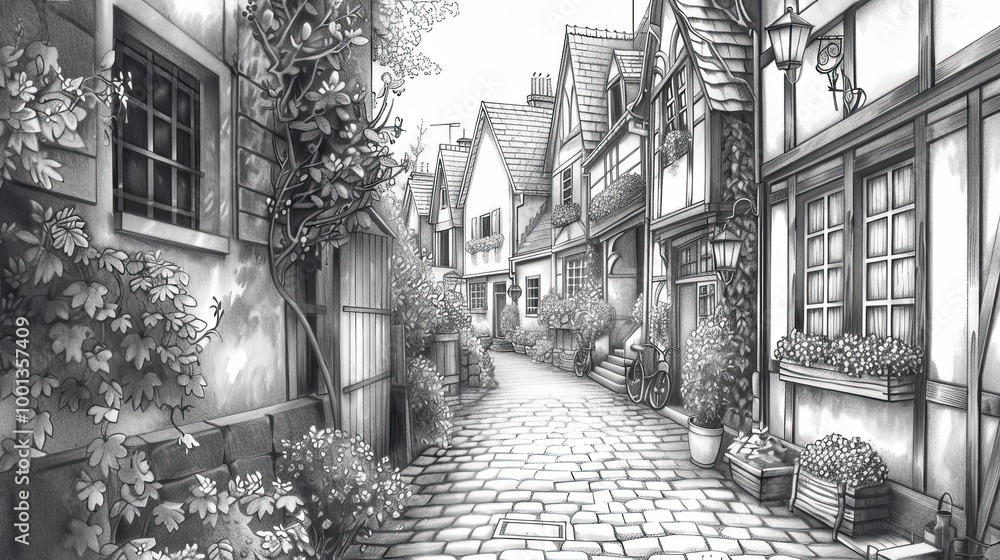 Obraz premium Charming village street scene rendered in fine pencil detail with flower boxes and cottages evoking a calm and timeless atmosphere